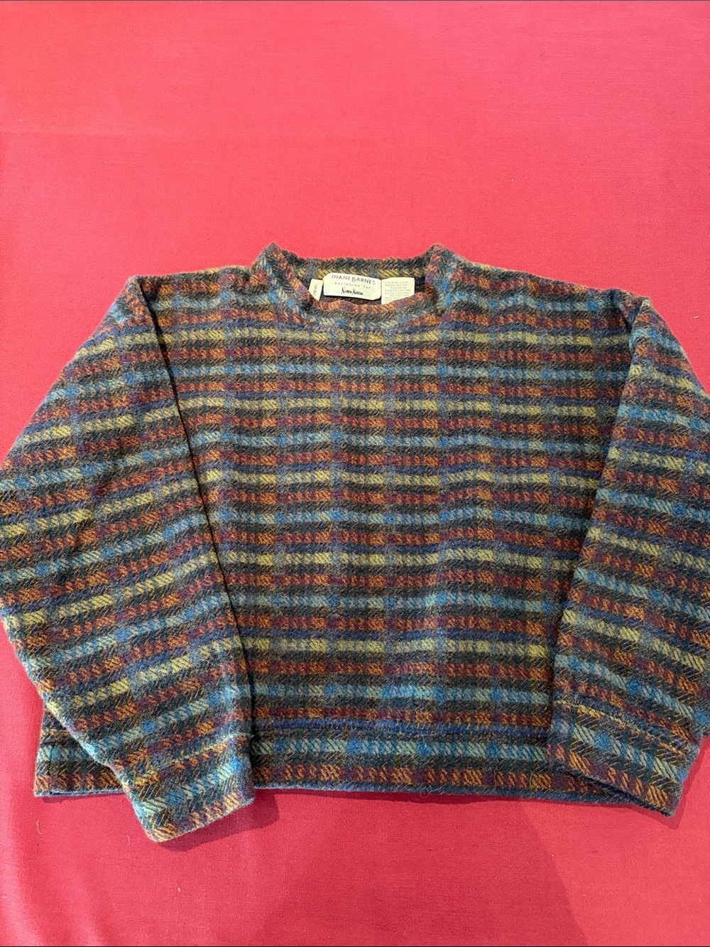 Jhane Barnes Plaid Crewneck Sweater - Blue, Brown, Green & Gold